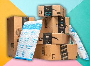 amazon packages with a colorful background