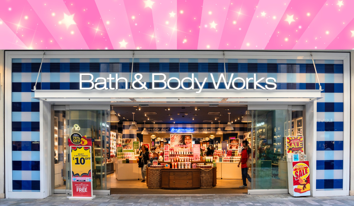Bath & Body Work store with a pink sparkly background