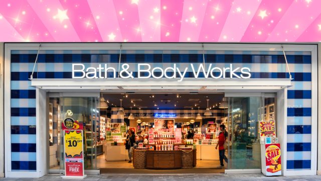 Bath & Body Work store with a pink sparkly background
