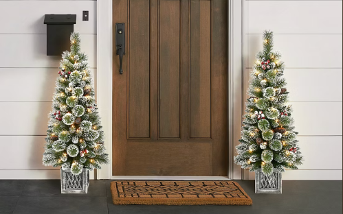 artificial flocked pine trees in pots