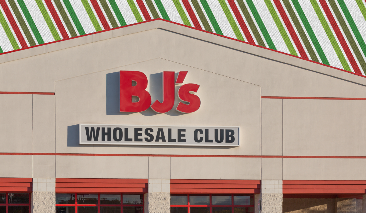 BJ's Wholesale Club store with a striped Christmas background