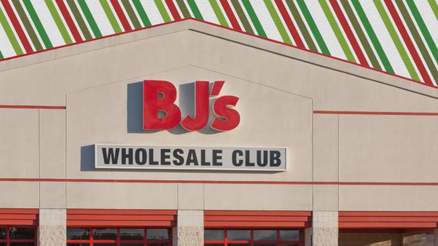 BJ's Wholesale Club store with a striped Christmas background