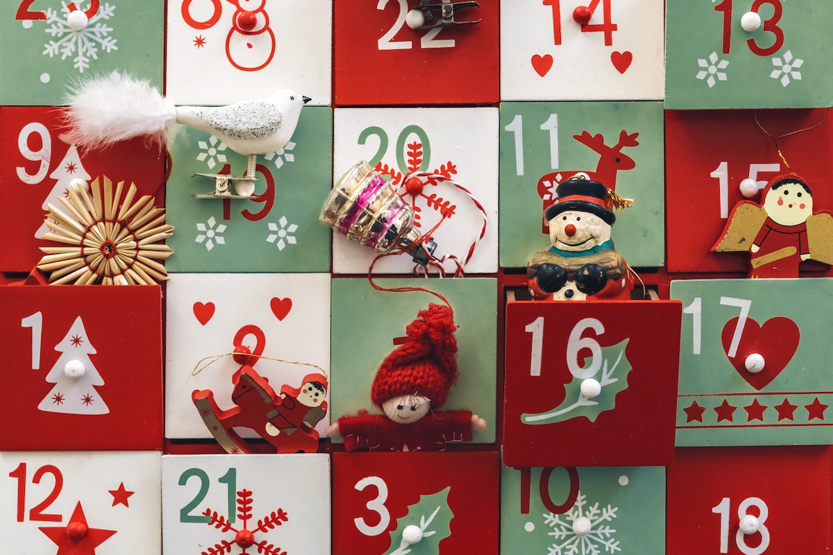 closeup of a red and green Advent calendar