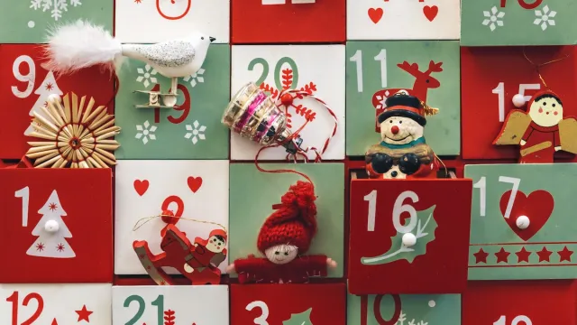 closeup of a red and green Advent calendar