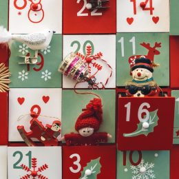 closeup of a red and green Advent calendar