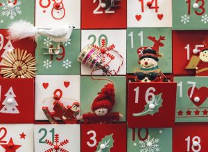 closeup of a red and green Advent calendar