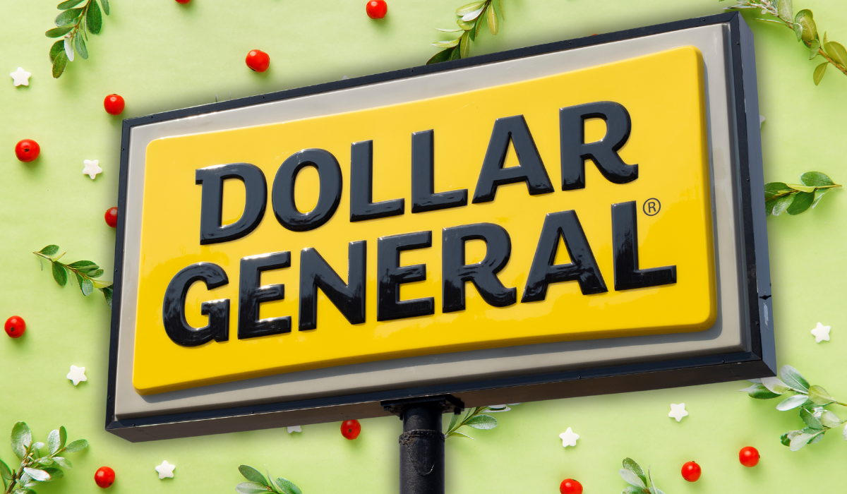 Dollar General store sign with a Christmas background