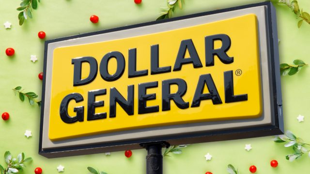 Dollar General store sign with a Christmas background