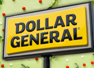 Dollar General store sign with a Christmas background