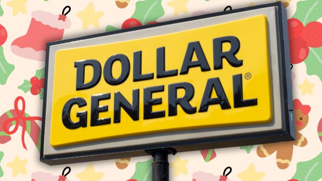 Dollar General store sign with a Christmas background