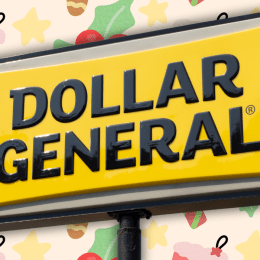 Dollar General store sign with a Christmas background