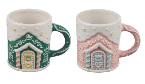 green and pink gingerbread mugs