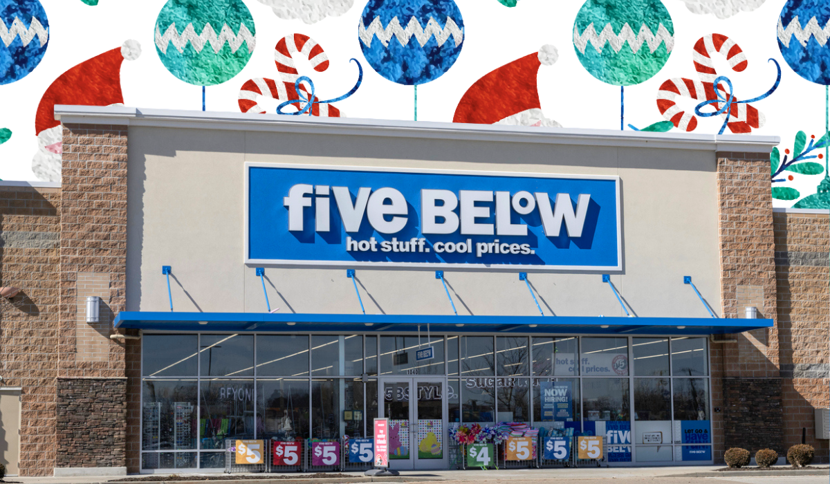 Five Below store with a Christmas background