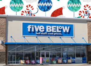 Five Below store with a Christmas background