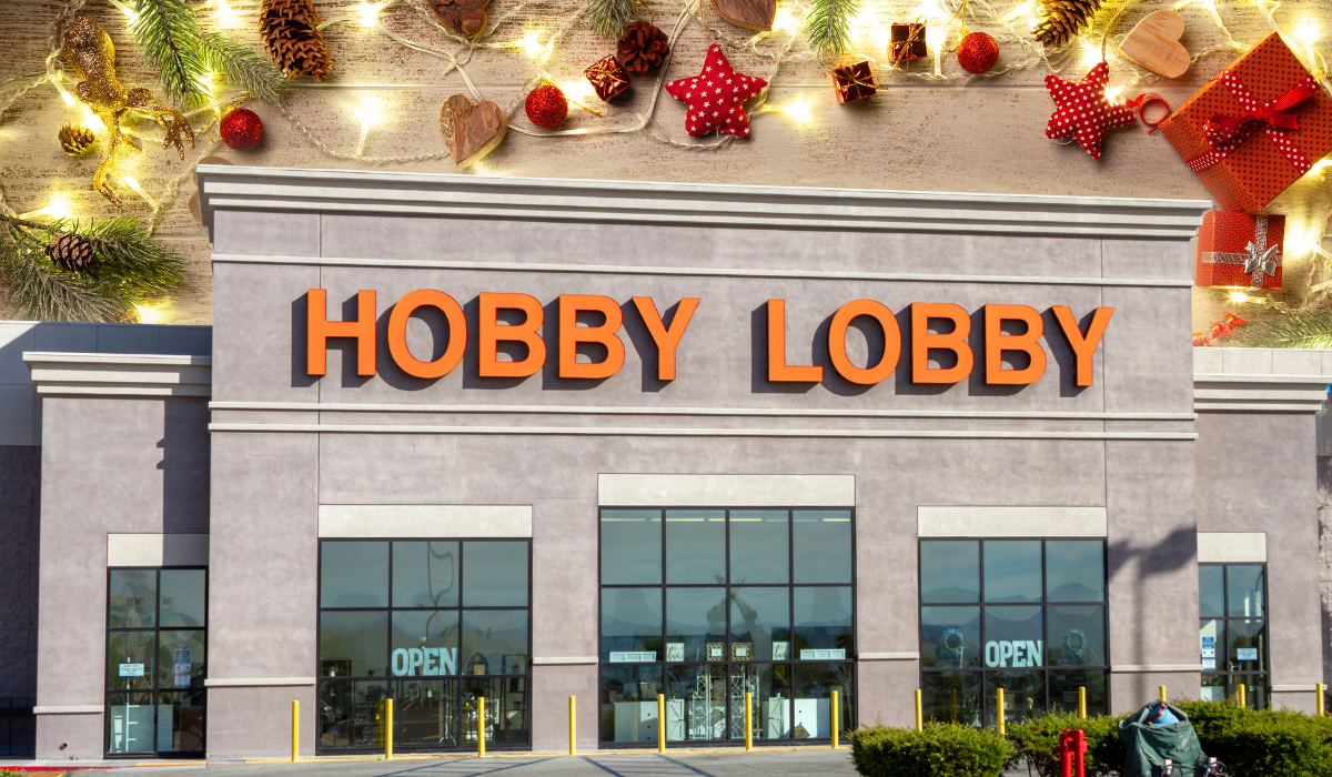 Hobby Lobby store with a Christmas background