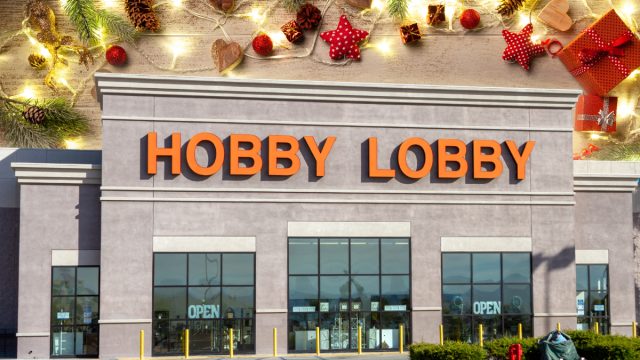 Hobby Lobby store with a Christmas background