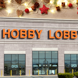 Hobby Lobby store with a Christmas background