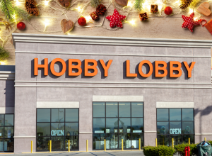 Hobby Lobby store with a Christmas background