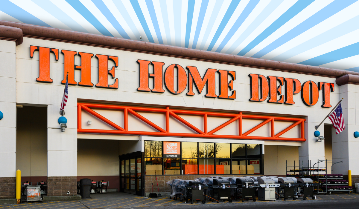 Home Depot store with a blue burst background