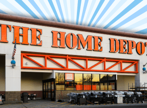 Home Depot store with a blue burst background