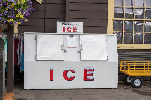 freezer with ice outside a store
