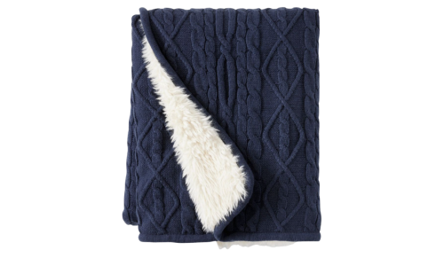 L.L. Bean cable knit faux fur throw blanket in navy blue