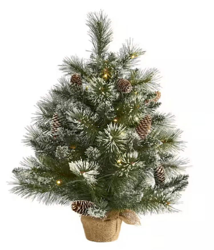 2 ft. Battery Operated Pre-Lit Frosted Pine Artificial Christmas Tree with 35 Clear LED Lights, Pinecones, Burlap Base