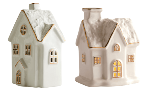 white and gold ceramic houses
