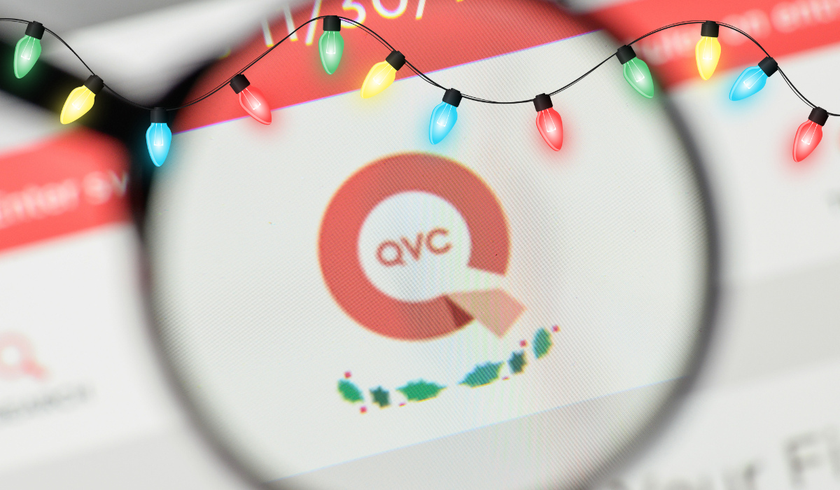QVC on screen with Christmas lights