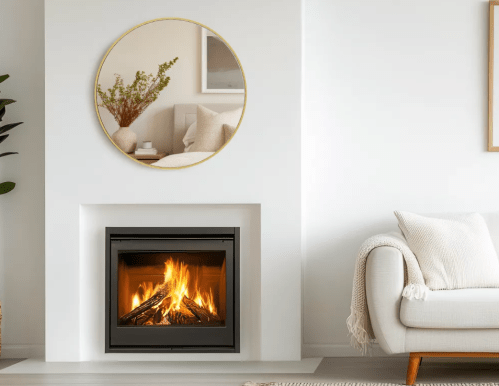 round mirror above a fireplace