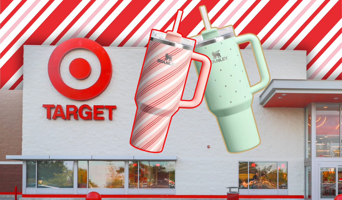 Target store with a christmas candy cane background and two stanley tumblers