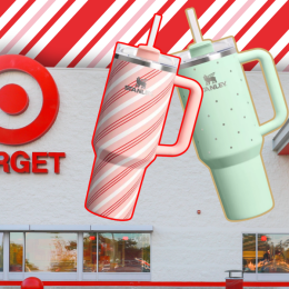 Target store with a christmas candy cane background and two stanley tumblers