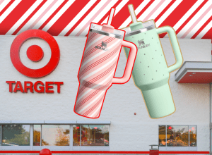 Target store with a christmas candy cane background and two stanley tumblers