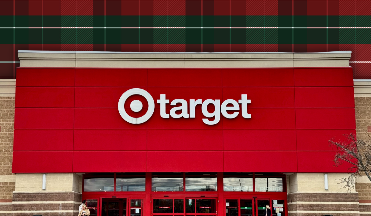 Target store with a Christmas plaid background