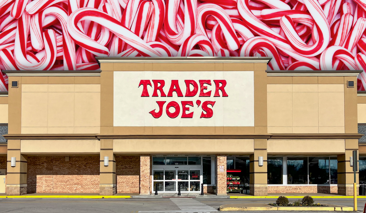 Trader Joe's store with a candy cane background