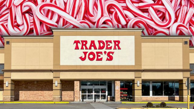 Trader Joe's store with a candy cane background