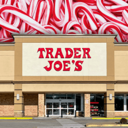 Trader Joe's store with a candy cane background