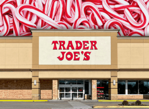 Trader Joe's store with a candy cane background