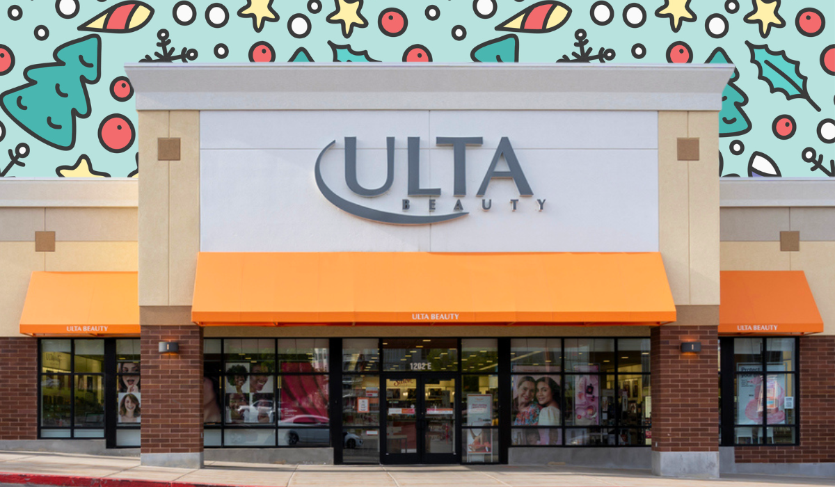 Ulta store with a colorful holiday background