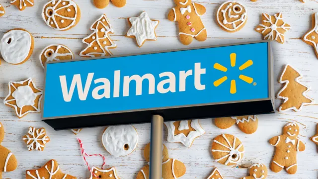 Walmart store sign with a gingerbread cookie background