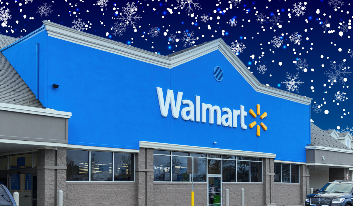 Walmart store with a snowy night sky background