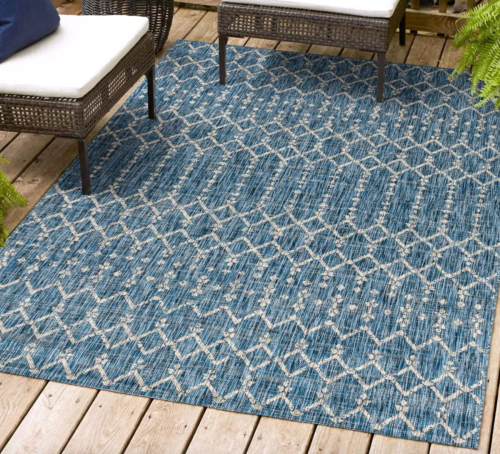 blue geometric outdoor rug