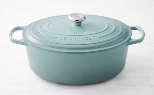 Light blue Le Creuset oval Dutch oven