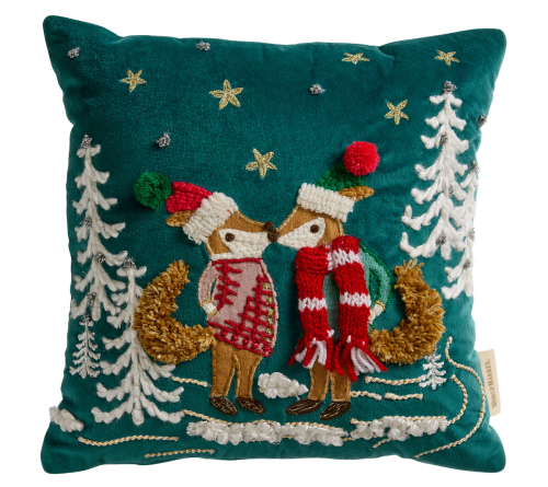 winter foxes embroidered pillow