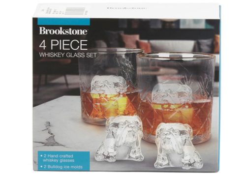 BROOKSTONE 4pc Whiskey Glass And Bulldog Ice Mold Set