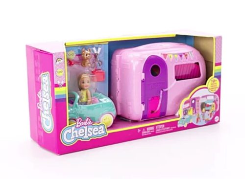 Barbie Club Chelsea Pink Camper Playset, Blonde Small Doll, Pet, Car & 10+ Accessories, Toy for 3 Years and Up