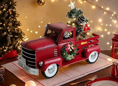 Christmas Red Truck Decor with Warm White Flashing Lights and Christmas Tree