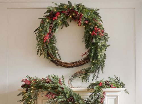 Faux Lit Red Berry Avant-Garde Wreath & Garland