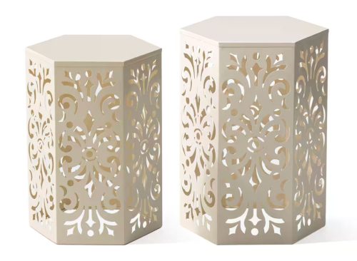 Glitzhome® White Floral Motif Hexagonal Garden Stool Set