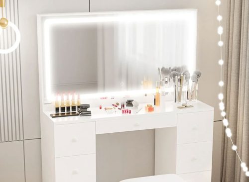 Makeup Vanity Desk with LED Lighted Mirror & Power Outlet & 7 Drawers
